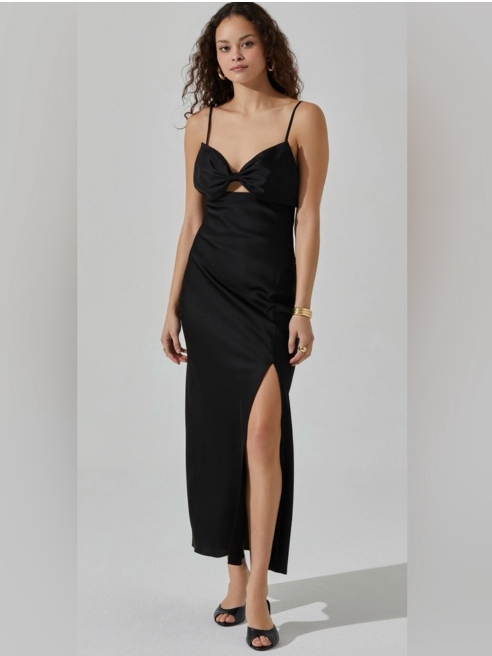 NWT ASTR THE LABEL Satin Bow Black Midi Dress SIZE S SIDE SLIT